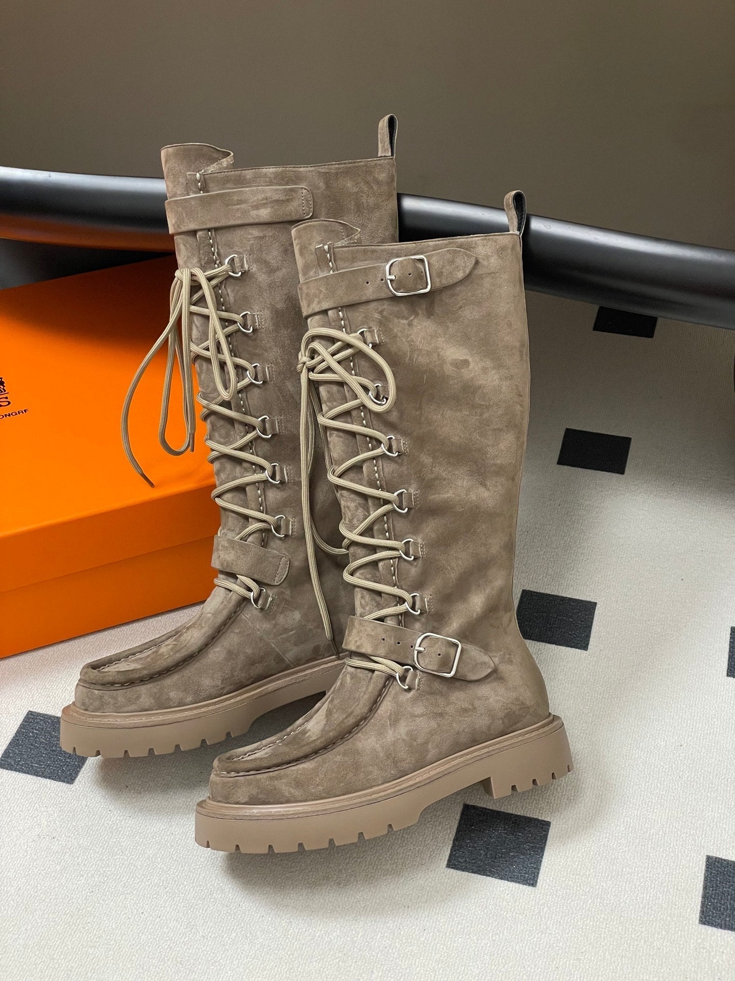 HM Lace Up Boots 25mm Belt Buckle Taupe Suede