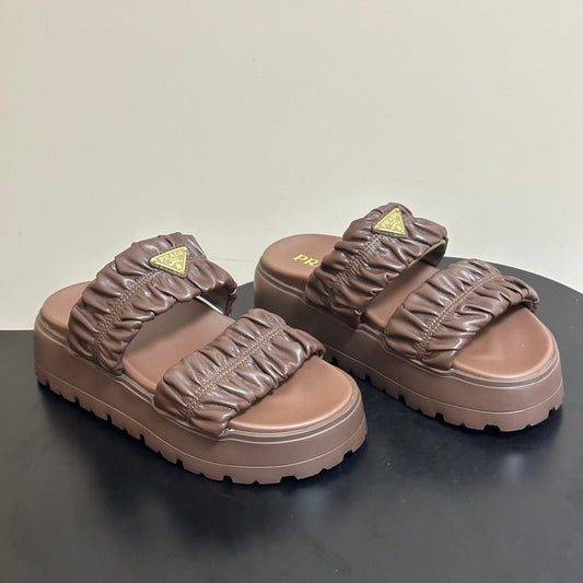 Prada 26s Flatform Slides Brown Matelassé Leather 834767.