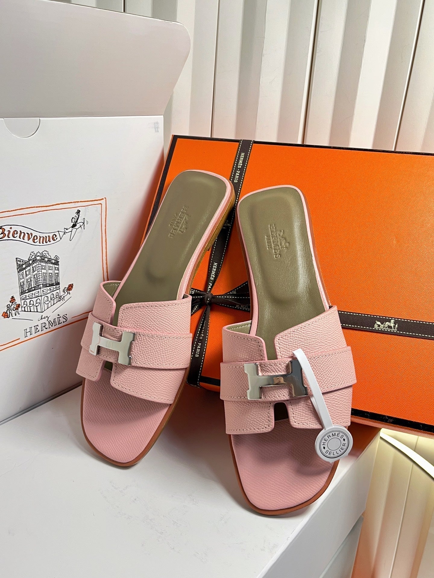 HM 26s Oran Sandals In Pink Epsom Calfskin Silver Hardware