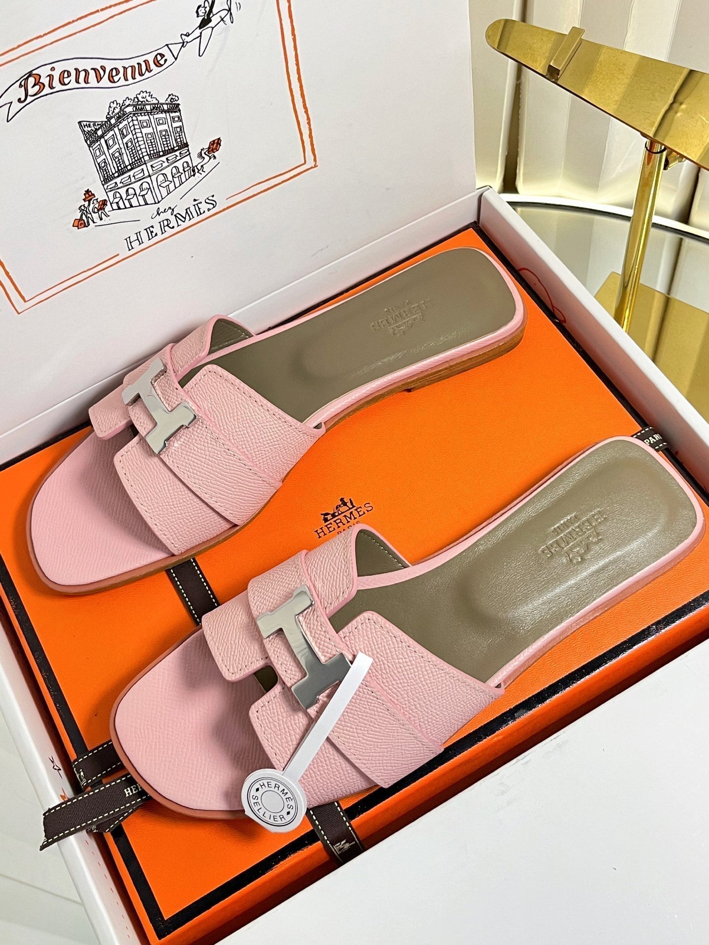 HM 26s Oran Sandals In Pink Epsom Calfskin Silver Hardware