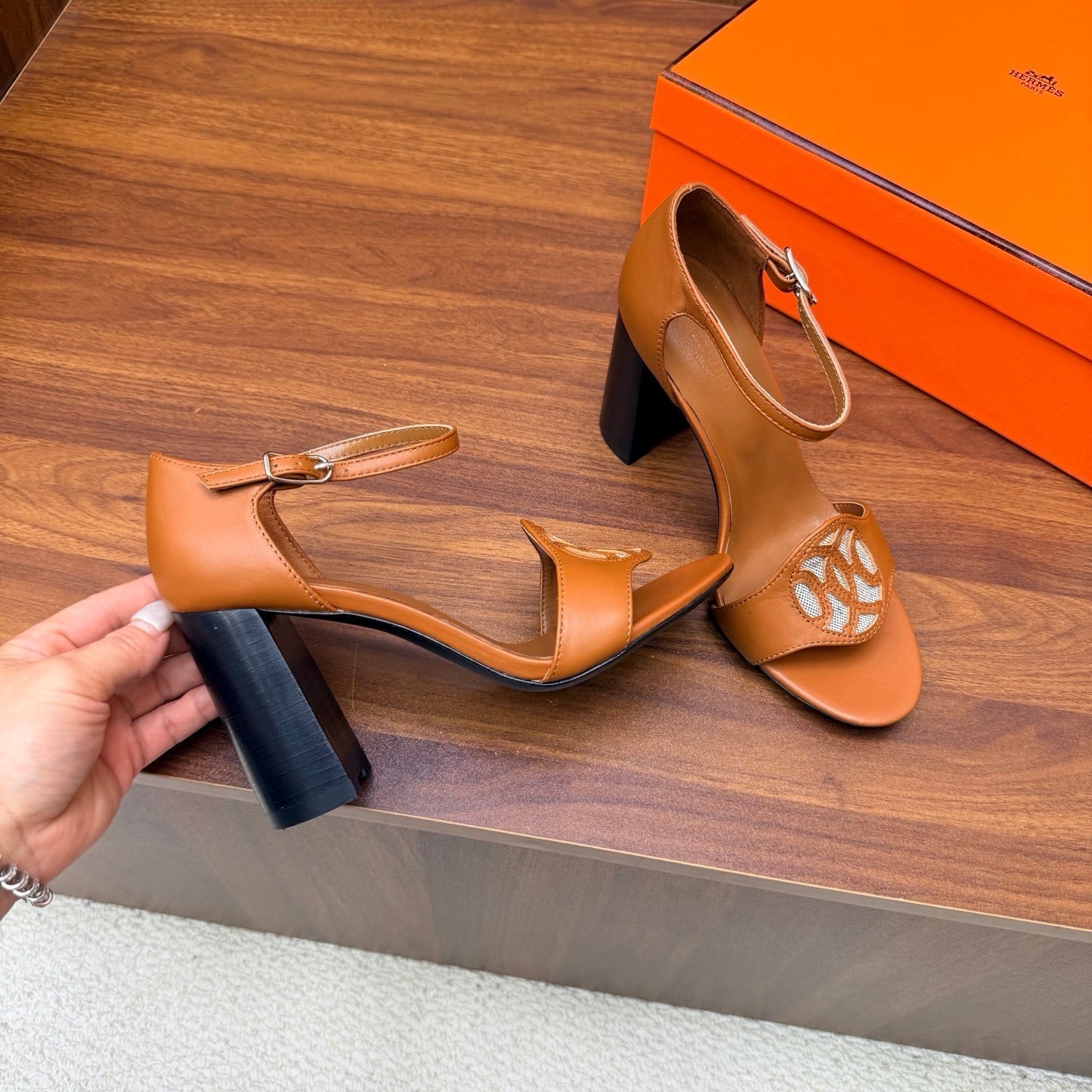 HM 26s Marquise Sandal 85mm In Camel Brown Calfskin