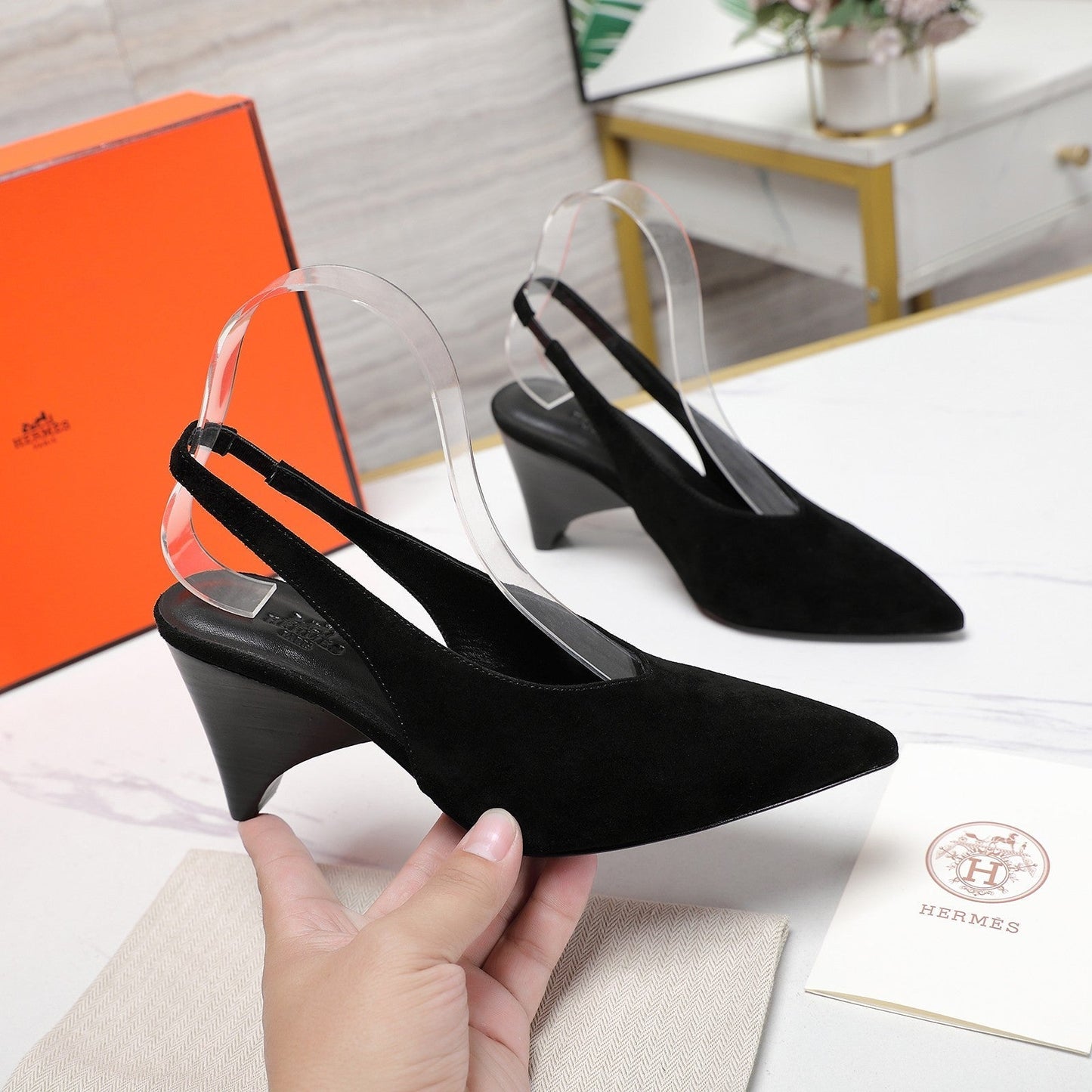 HM  Classic High-Heeled Slingback 70mm Black Suede Sheepskin 547643