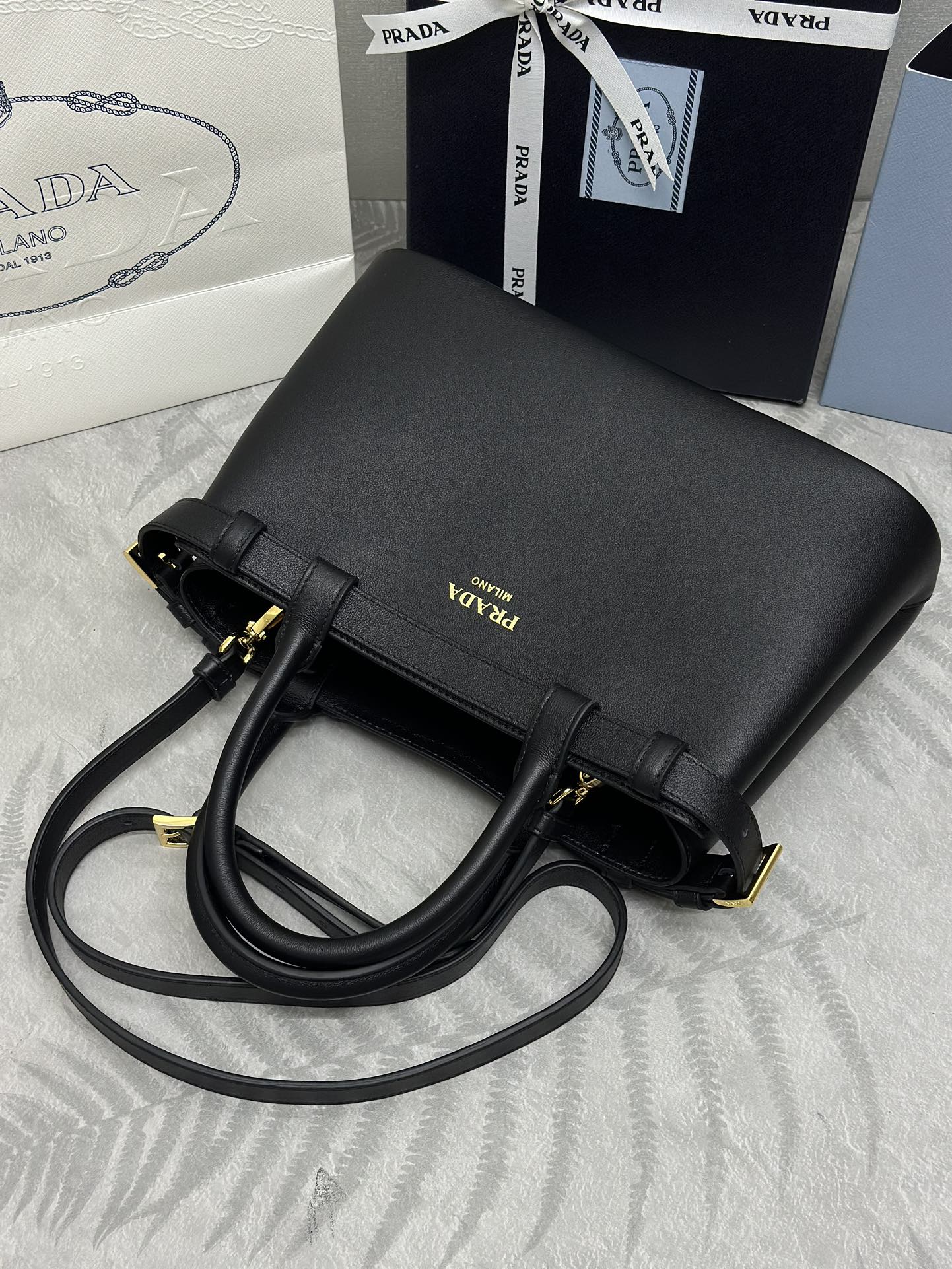 Prada Buckle Tote Bag 28cm Black Grain Cowhide
