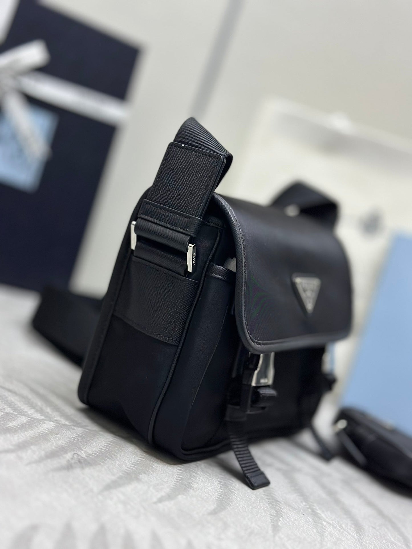 Prada 25AW Men's Saddle Bag 22 Black  Re Nylon Fabric