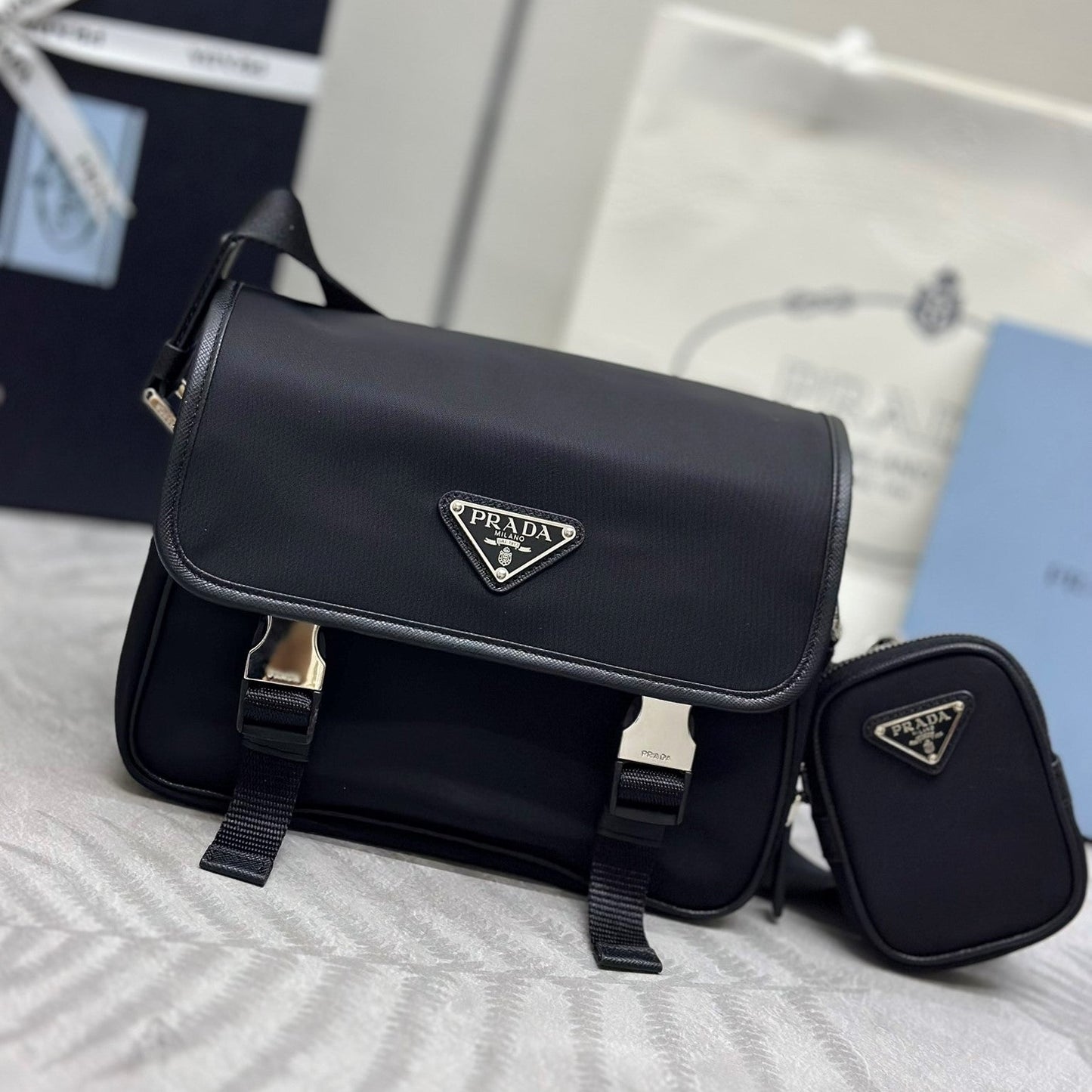 Prada 25AW Men's Saddle Bag 22 Black  Re Nylon Fabric