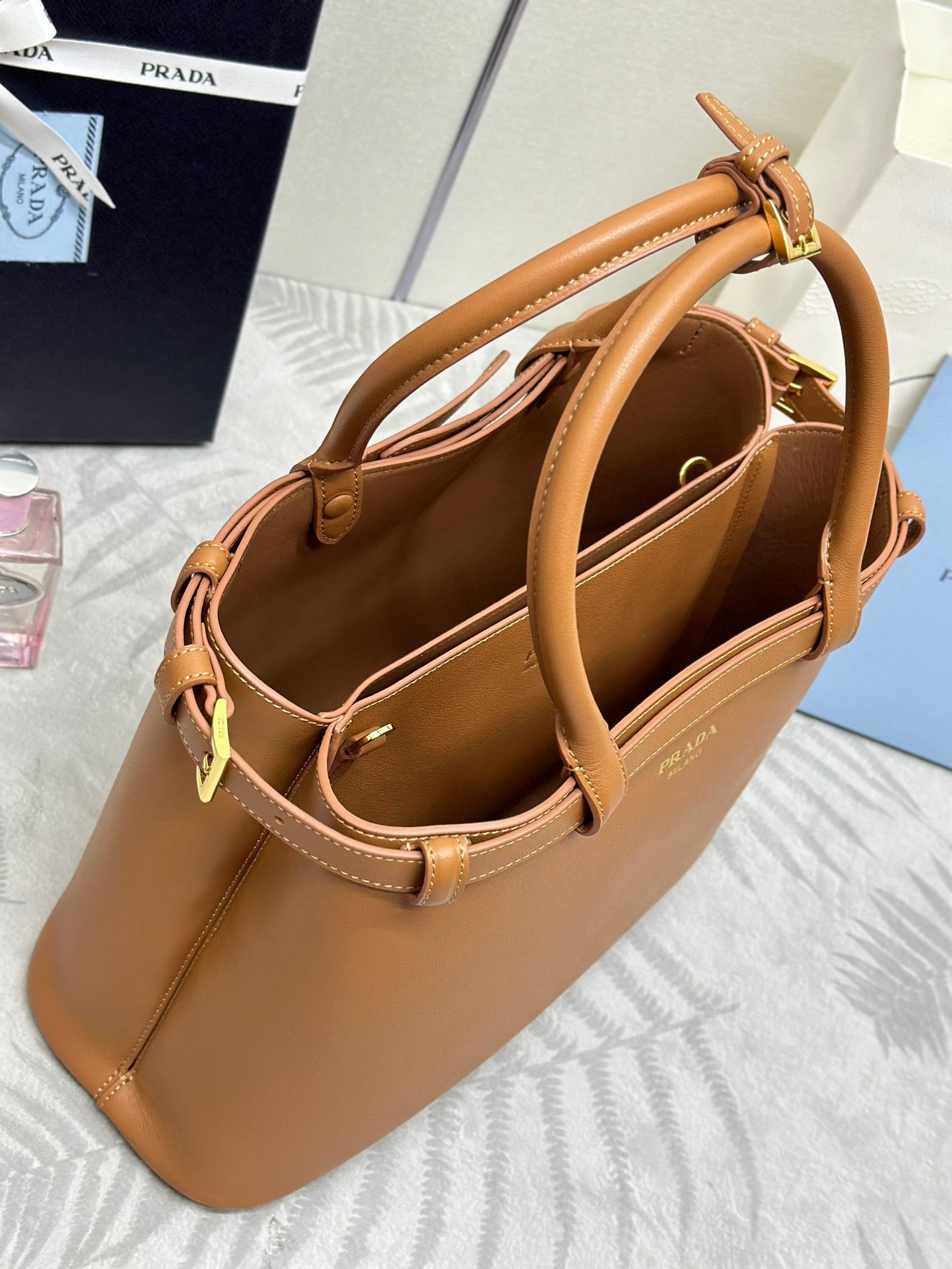 Prada Buckle Tote Bag 35cm Brown Cowhide