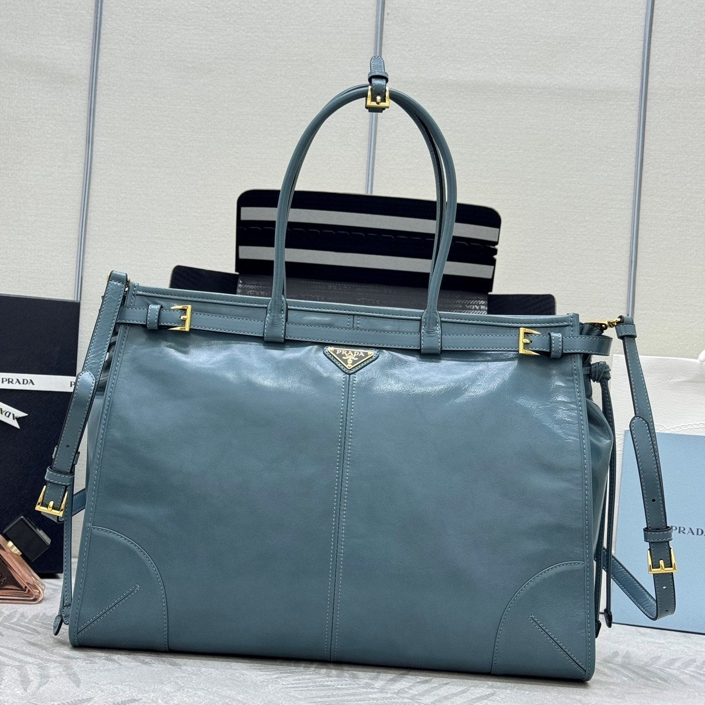 Prada Bonnie Extra-Large 42cm Blue Gray Calfskin