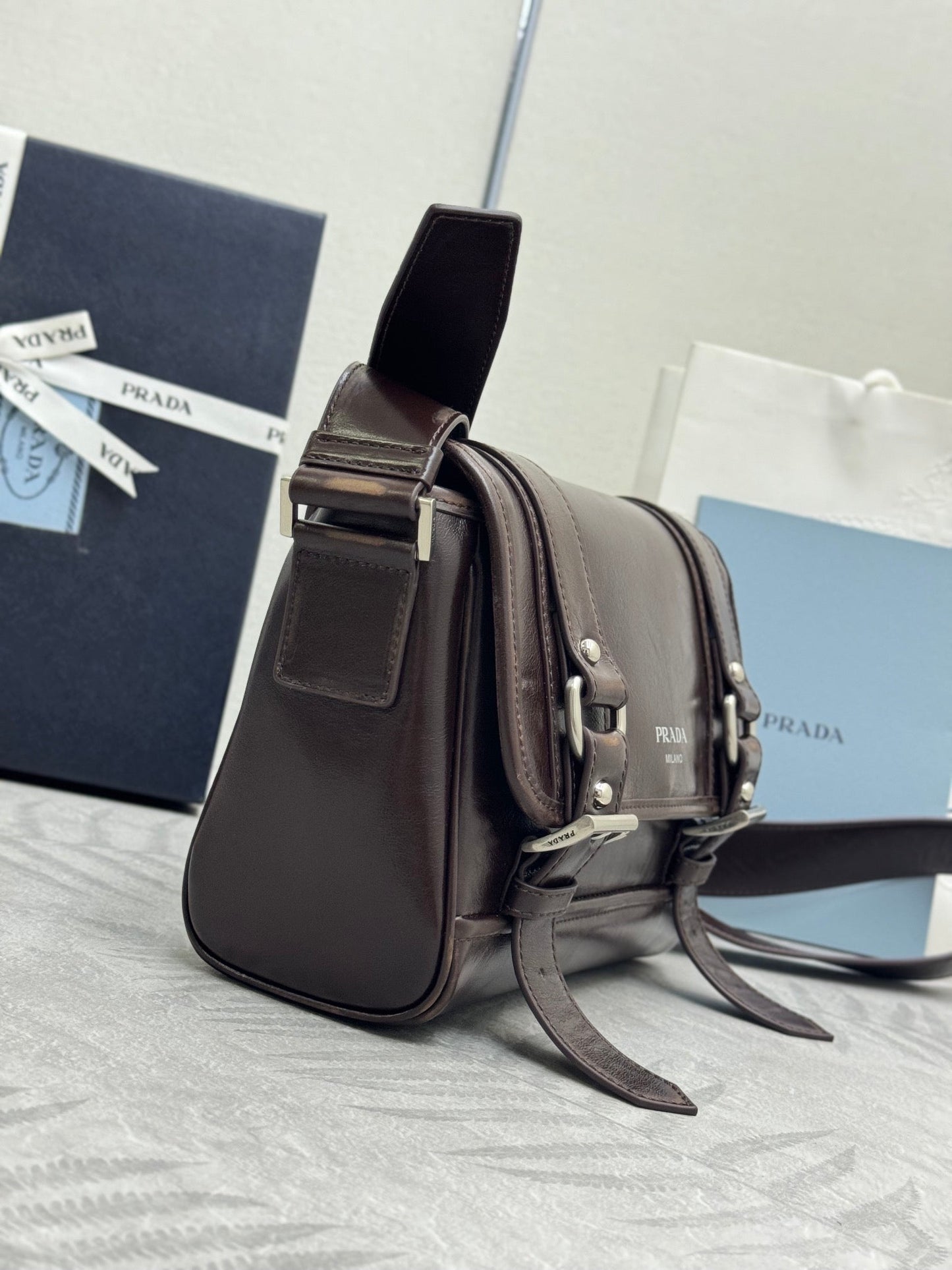 Prada 25AW Men's Saddle Bag 22 Coffee Leather
