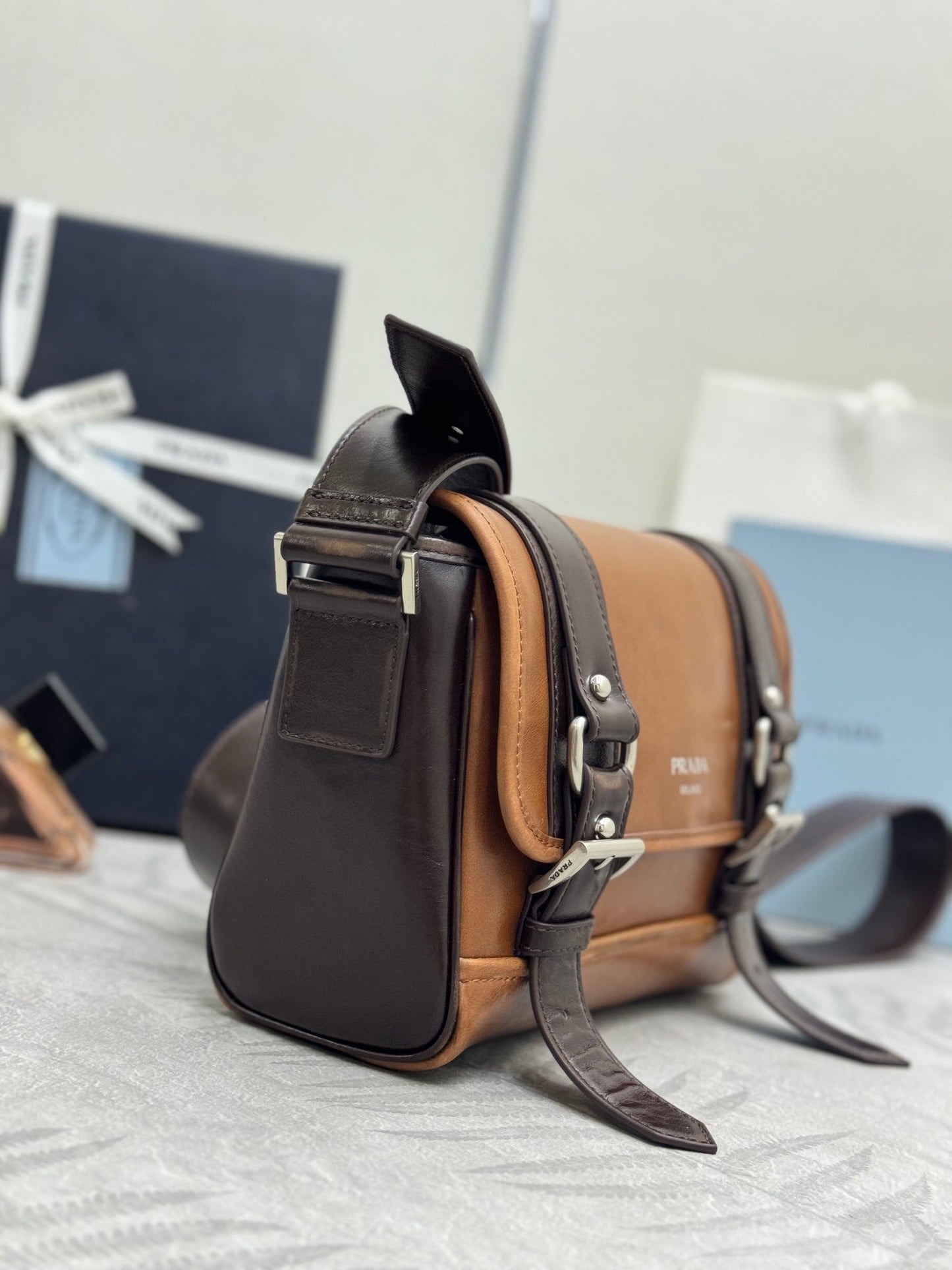 Prada 25AW Men's Saddle Bag 22 Coffee Camel Leather
