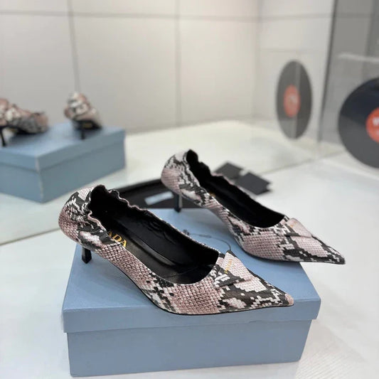 PRA 26S Pointed Toe High Heels 55 Black Light Pink Snakeskin 627132