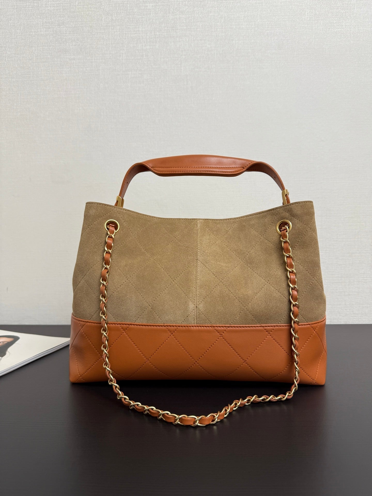 Chanel 2026 Quilted Shopping Bag 35cm Beige Brown Suede Leather