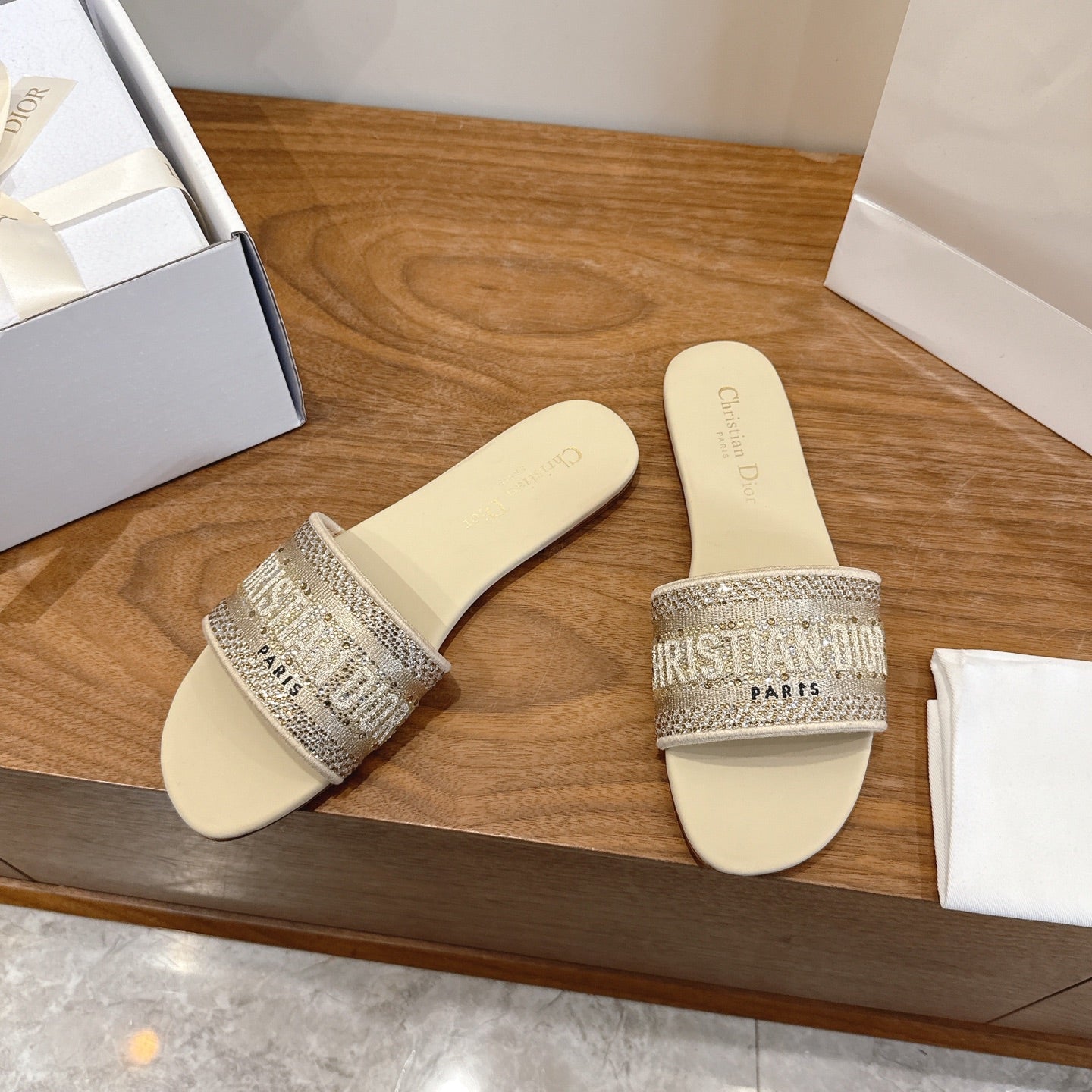 CD 26s Embroidered Sandals Beige Canvas Leather 685603