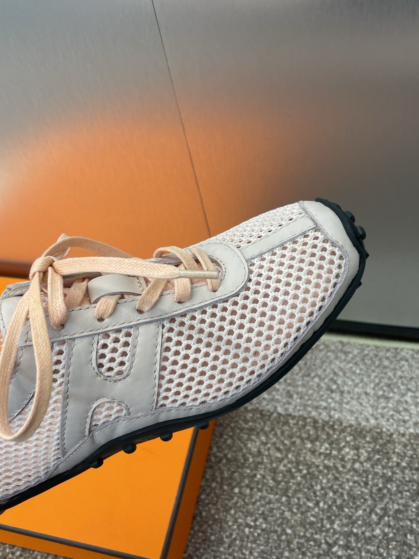 HM Kiga Sneaker In Light Pink Crochet Knit And Calfskin