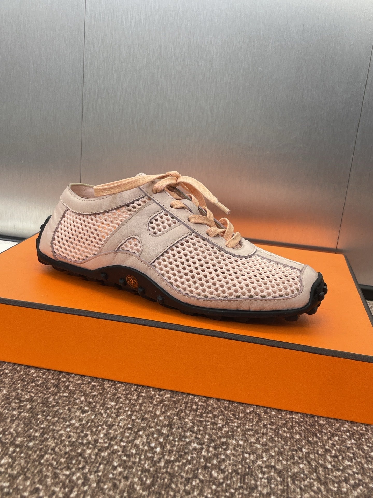 HM Kiga Sneaker In Light Pink Crochet Knit And Calfskin