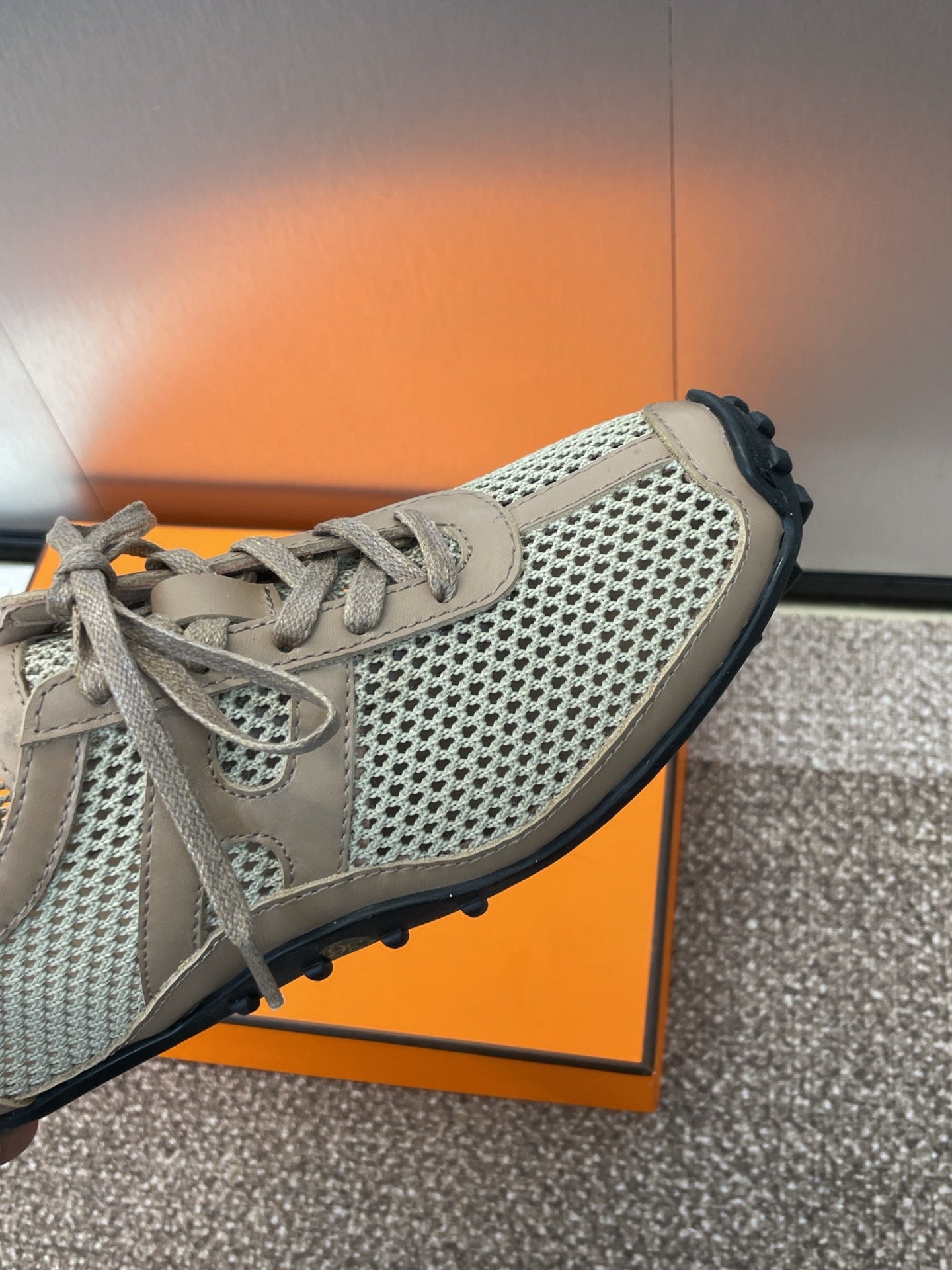 HM Kiga Sneaker In Mocha Brown Crochet Knit And Calfskin
