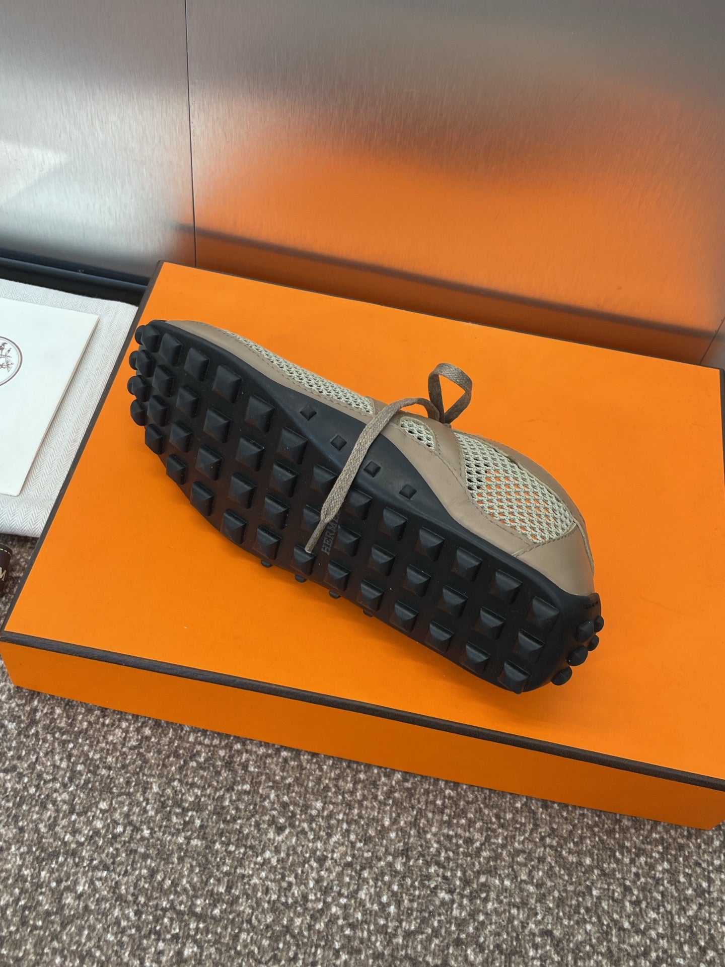 HM Kiga Sneaker In Mocha Brown Crochet Knit And Calfskin