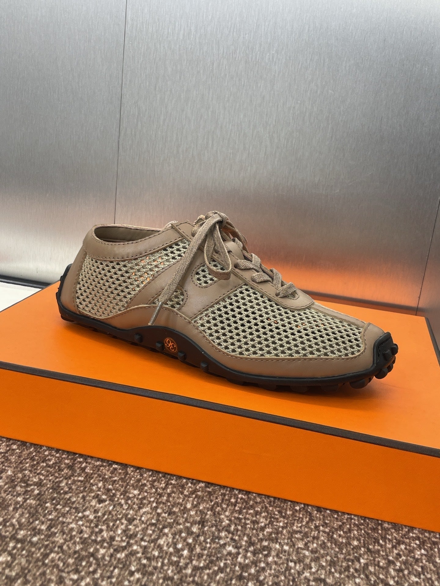 HM Kiga Sneaker In Mocha Brown Crochet Knit And Calfskin