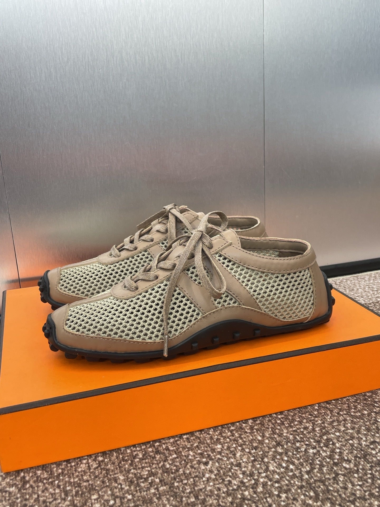 HM Kiga Sneaker In Mocha Brown Crochet Knit And Calfskin