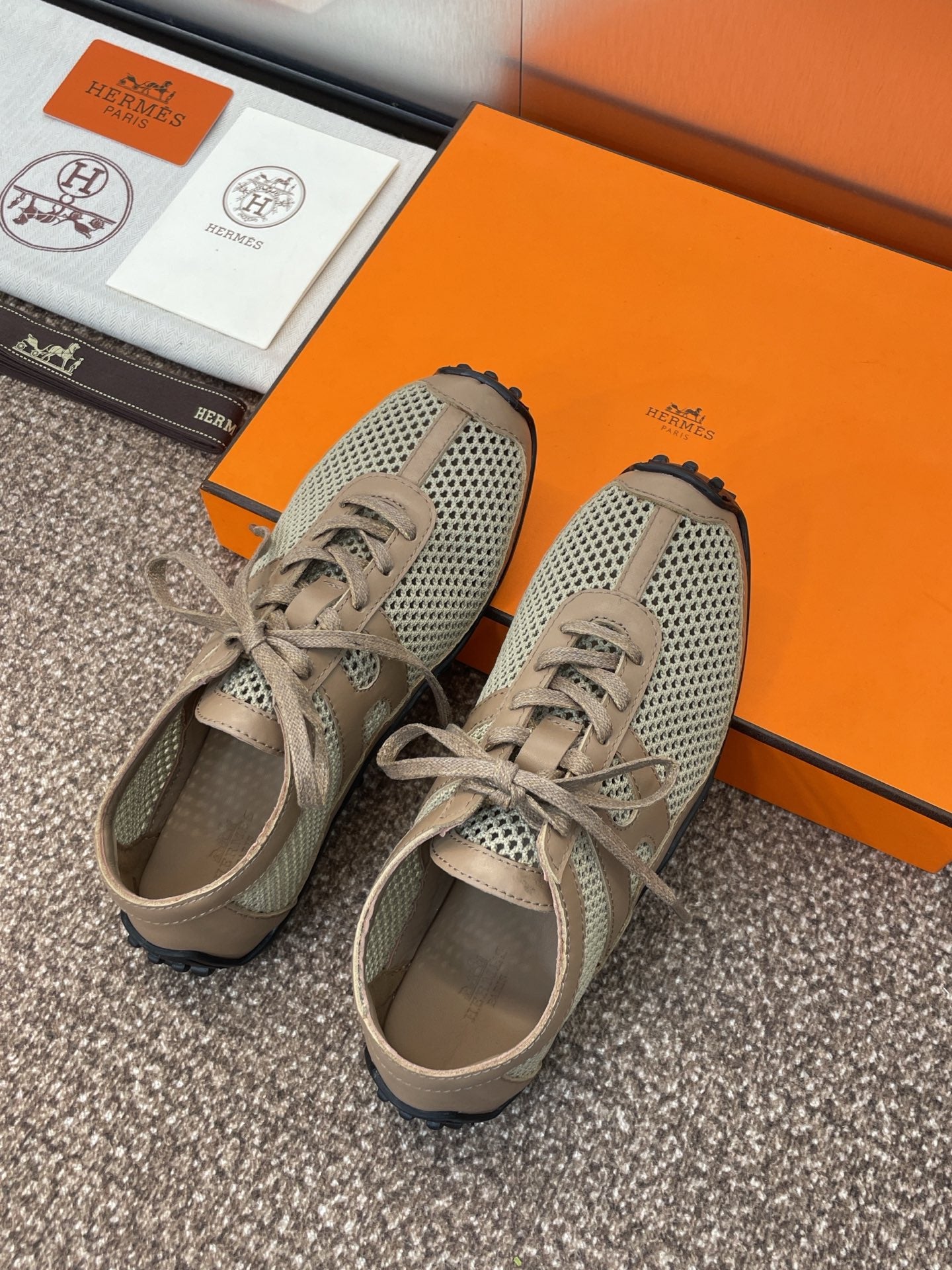HM Kiga Sneaker In Mocha Brown Crochet Knit And Calfskin