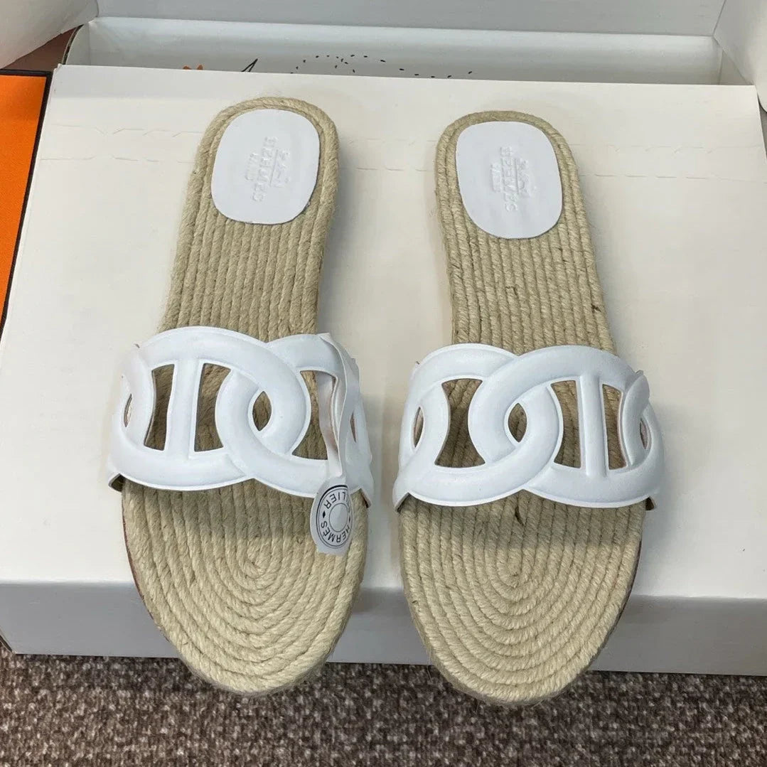 Hermes 2026 Famosa Espadrilles White Beige Straw Leather 400390