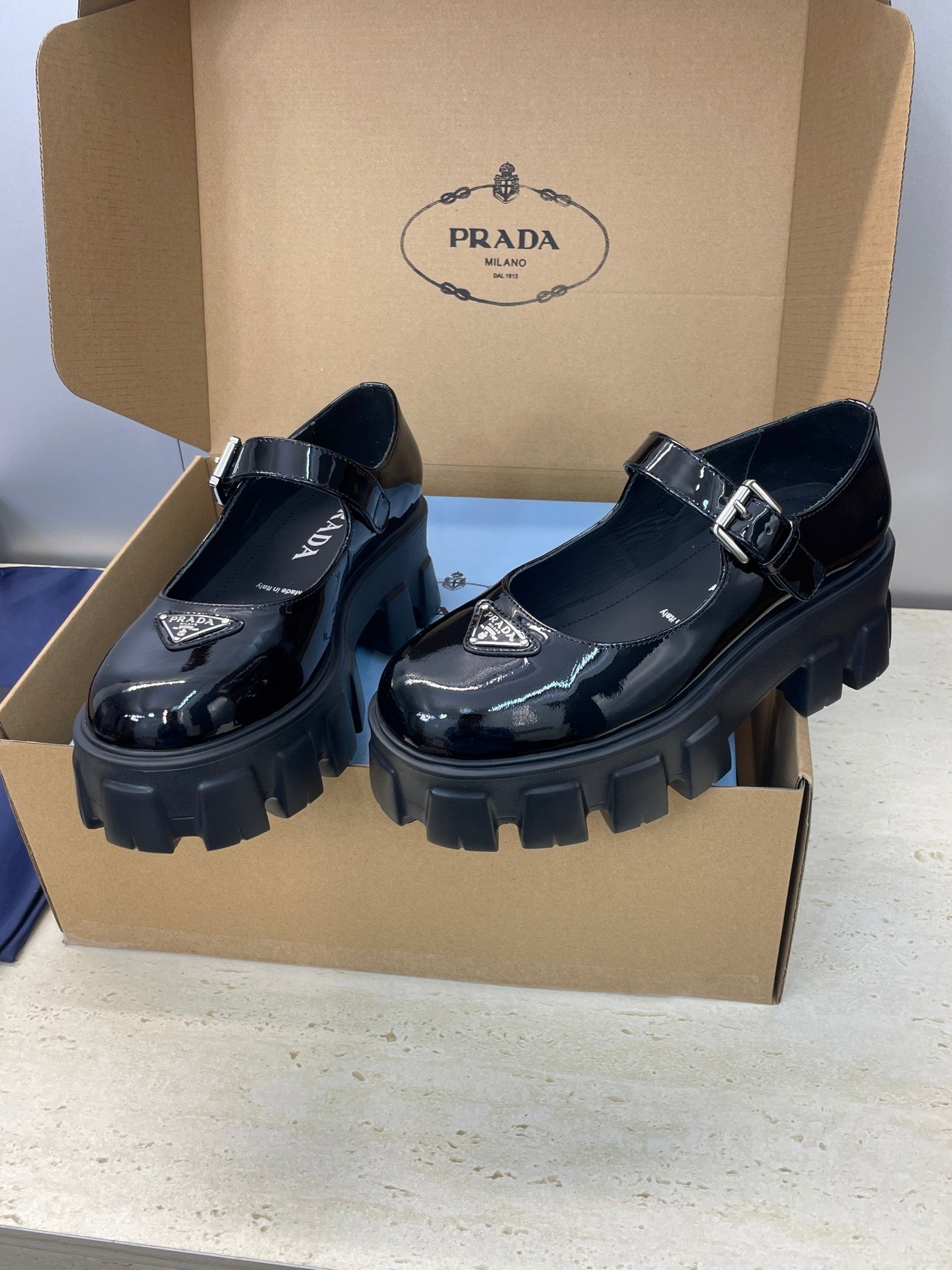 Prada Brushed Monolith Mary Janes Loafer Black Patent Leather 551879
