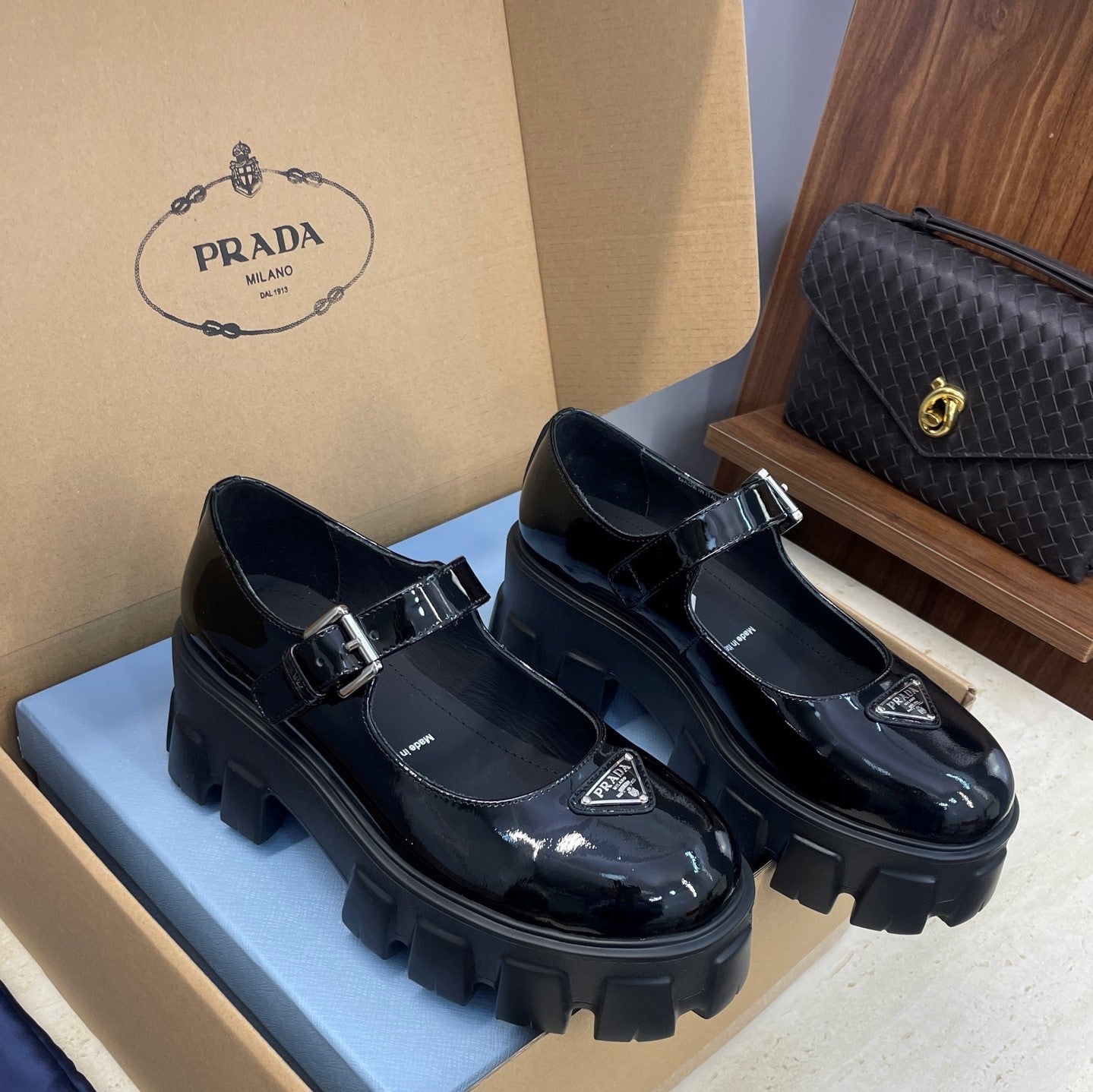 Prada Brushed Monolith Mary Janes Loafer Black Patent Leather 551879