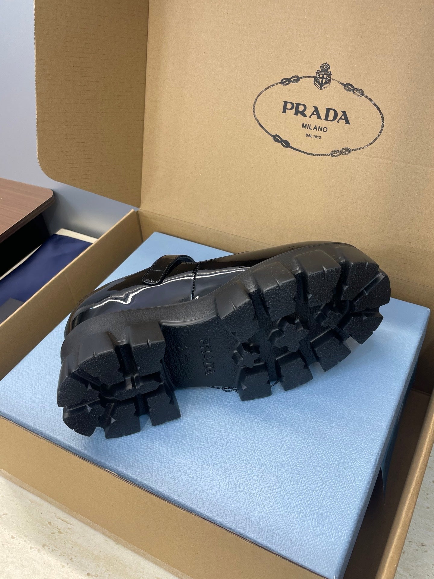 Prada Brushed Monolith Mary Janes Loafer Black Patent Leather 551879