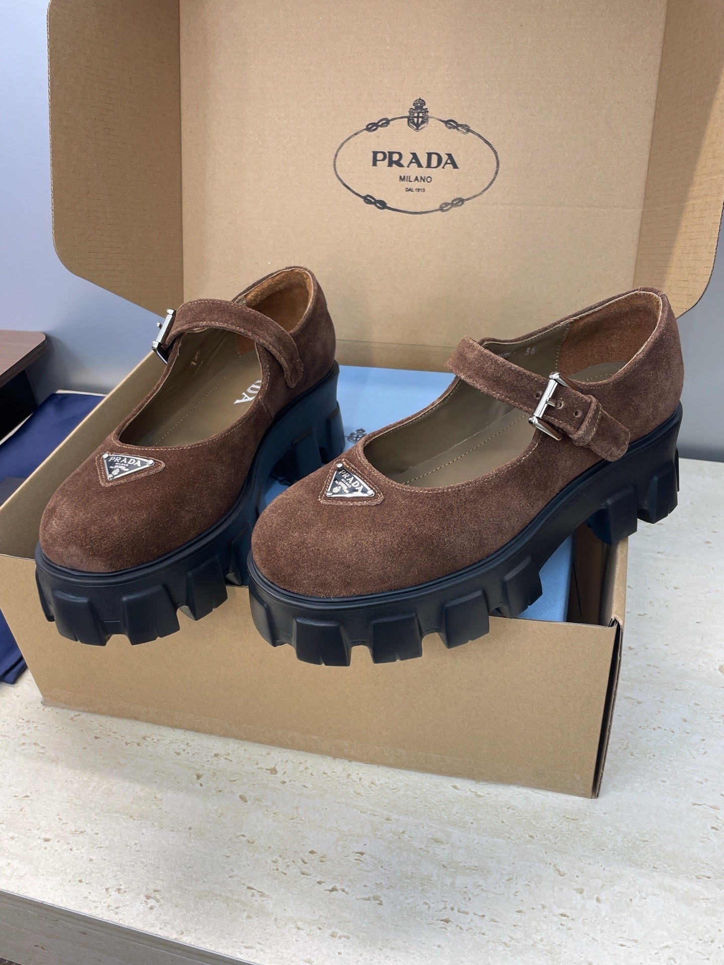 Prada Brushed Monolith Mary Janes Loafer Brown Suede 551880