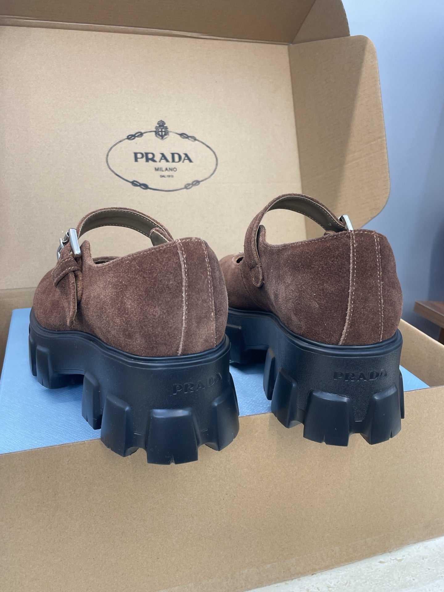 Prada Brushed Monolith Mary Janes Loafer Brown Suede 551880