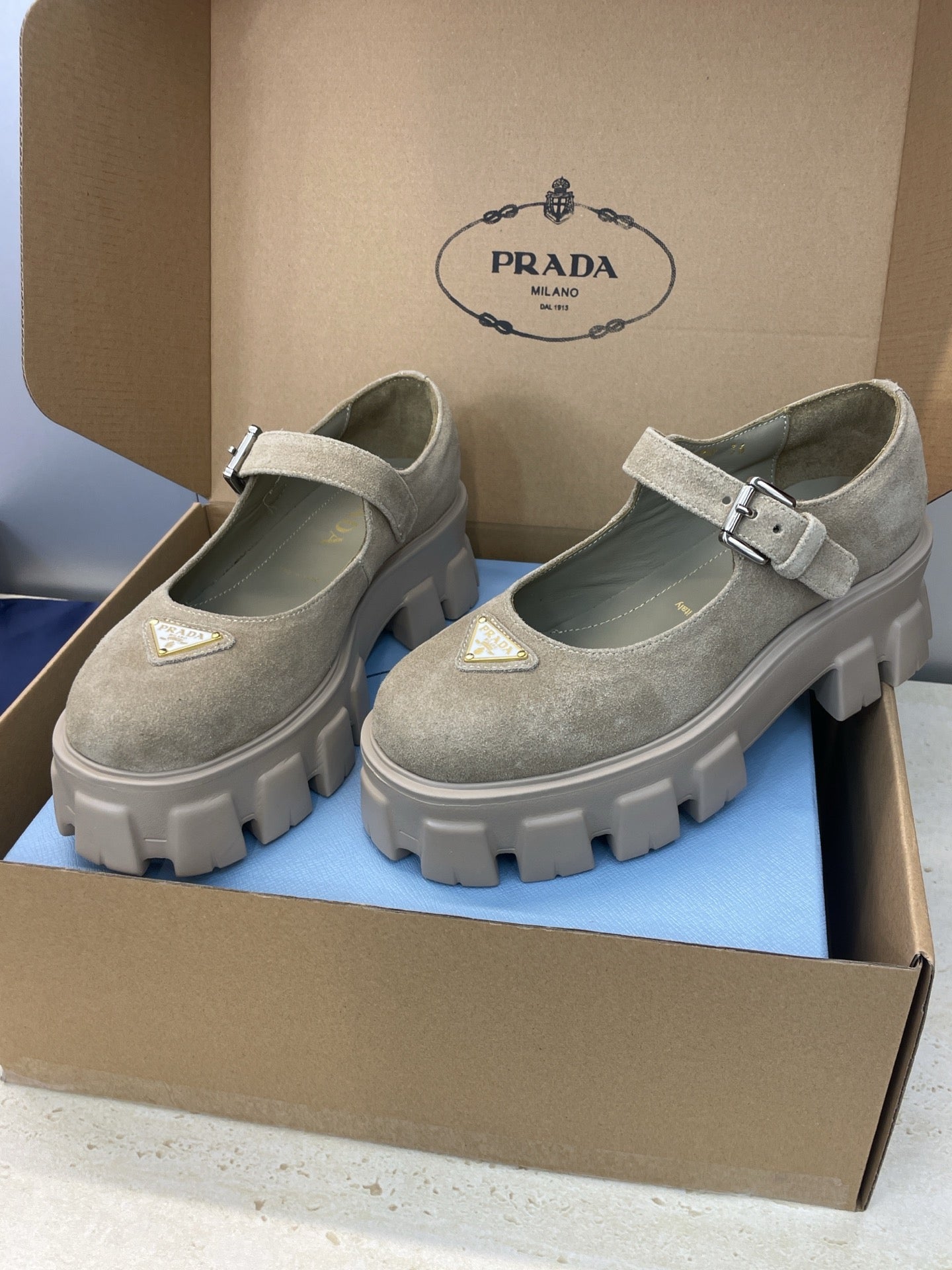 Prada Brushed Monolith Mary Janes Loafer Taupe Suede 551882