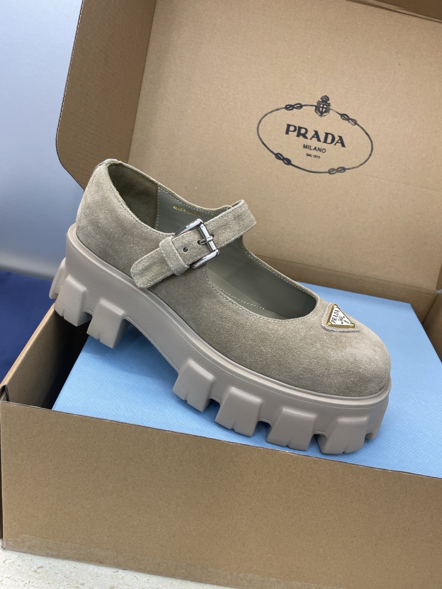 Prada Brushed Monolith Mary Janes Loafer Taupe Suede 551882