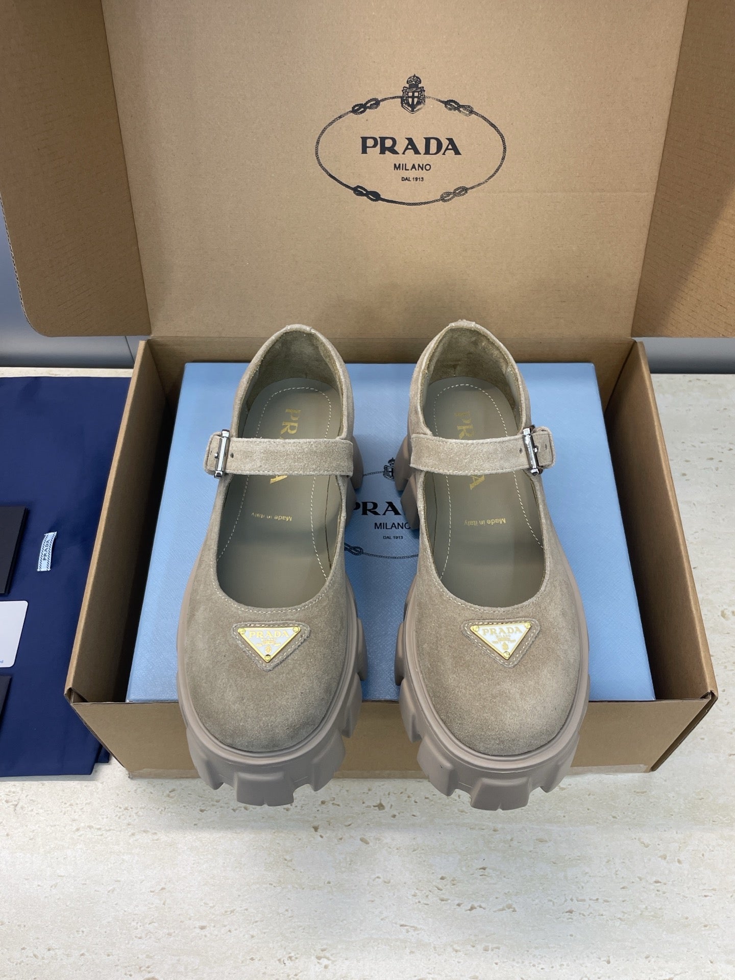 Prada Brushed Monolith Mary Janes Loafer Taupe Suede 551882