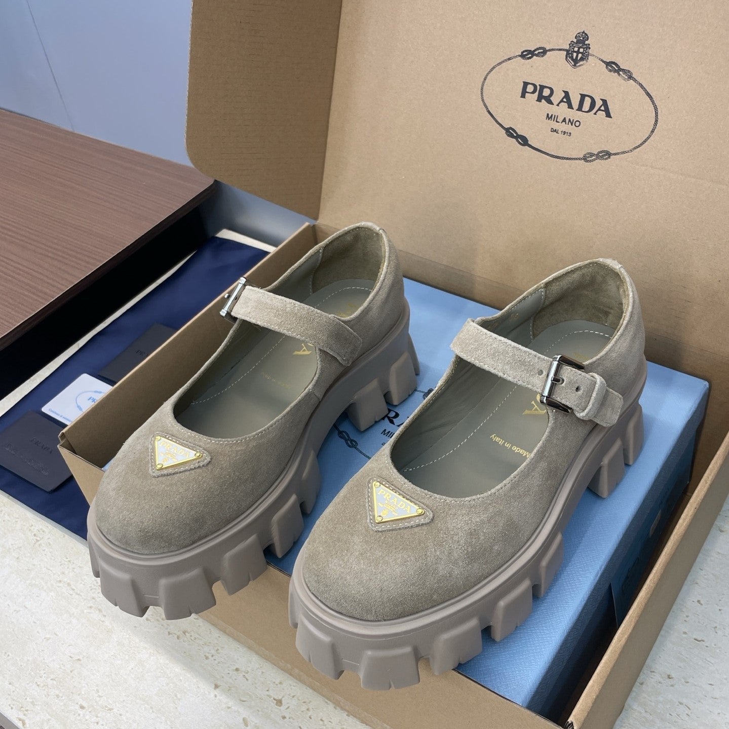 Prada Brushed Monolith Mary Janes Loafer Taupe Suede 551882