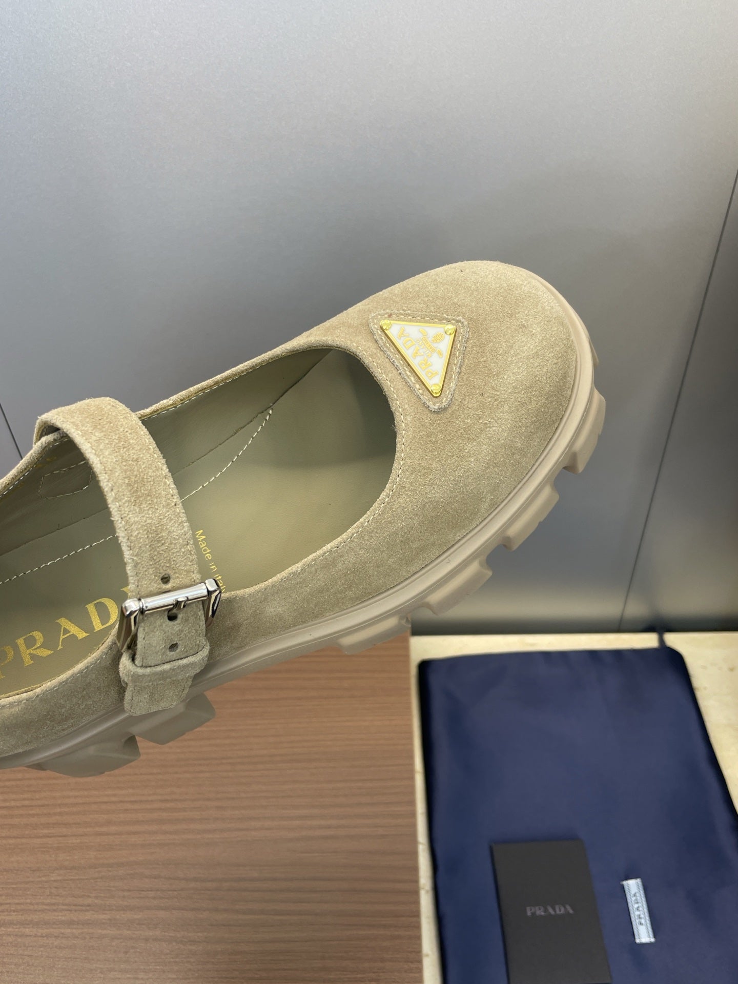 Prada Brushed Monolith Mary Janes Loafer Taupe Suede 551882