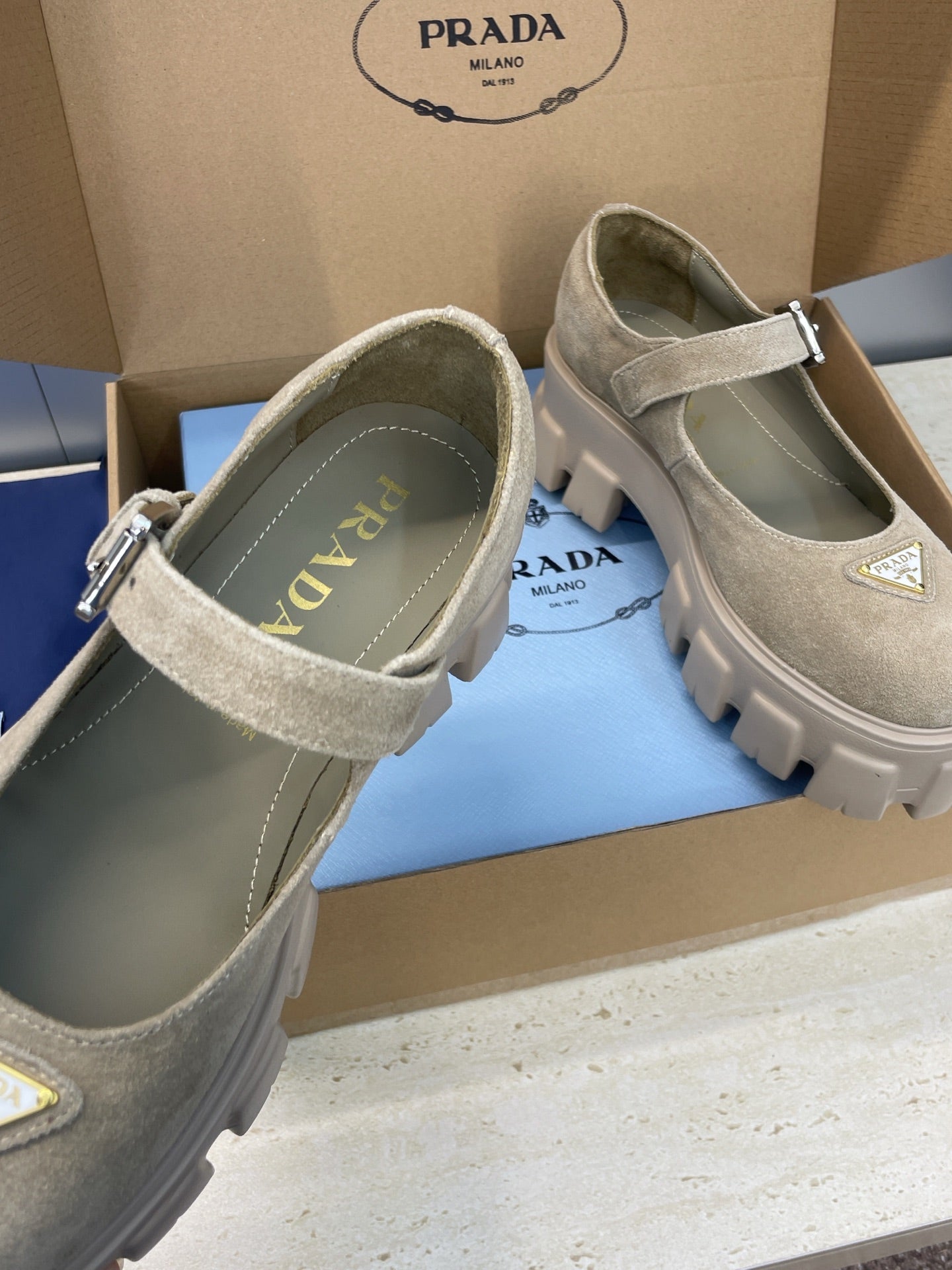 Prada Brushed Monolith Mary Janes Loafer Taupe Suede 551882