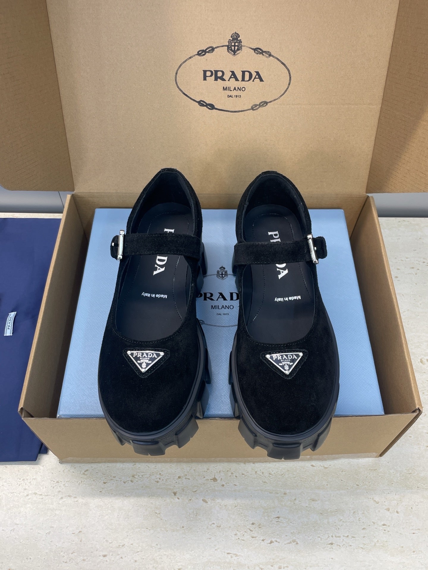 Prada Brushed Monolith Mary Janes Loafer Black Suede 551883