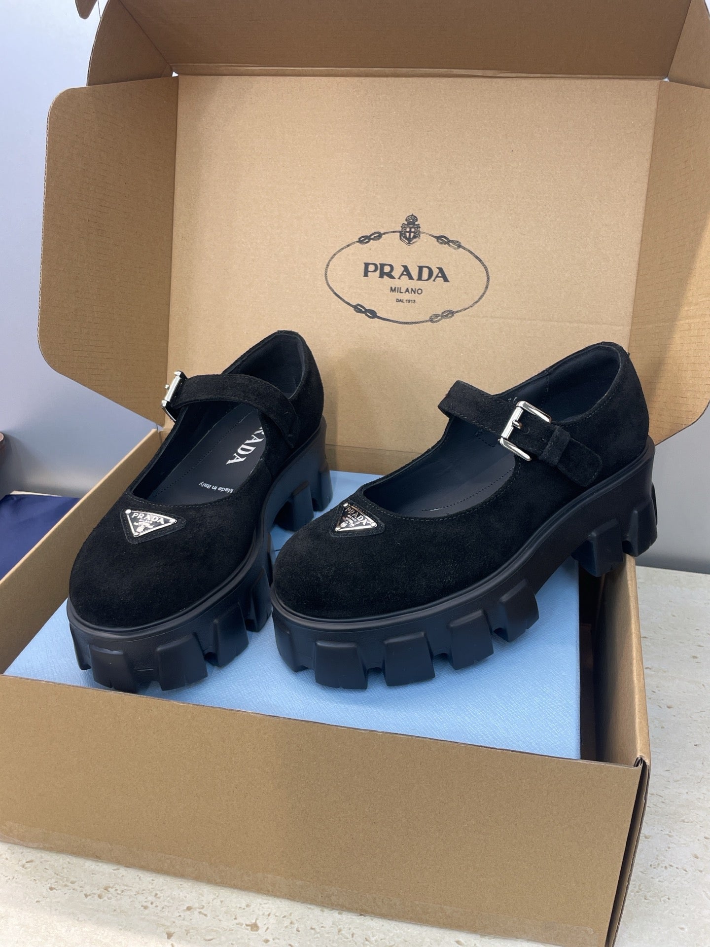 Prada Brushed Monolith Mary Janes Loafer Black Suede 551883