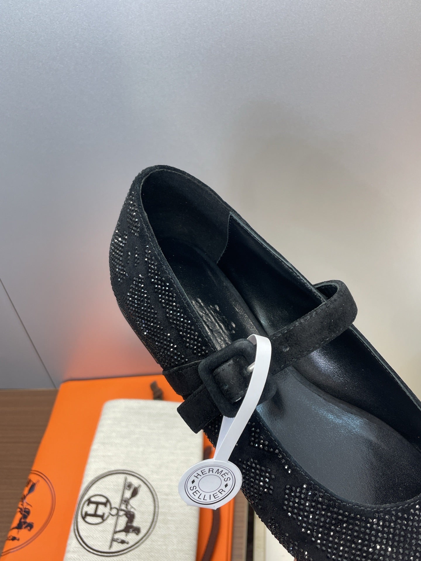 HM Light Ballet Flat with Black Rhinestone Black Lambskin