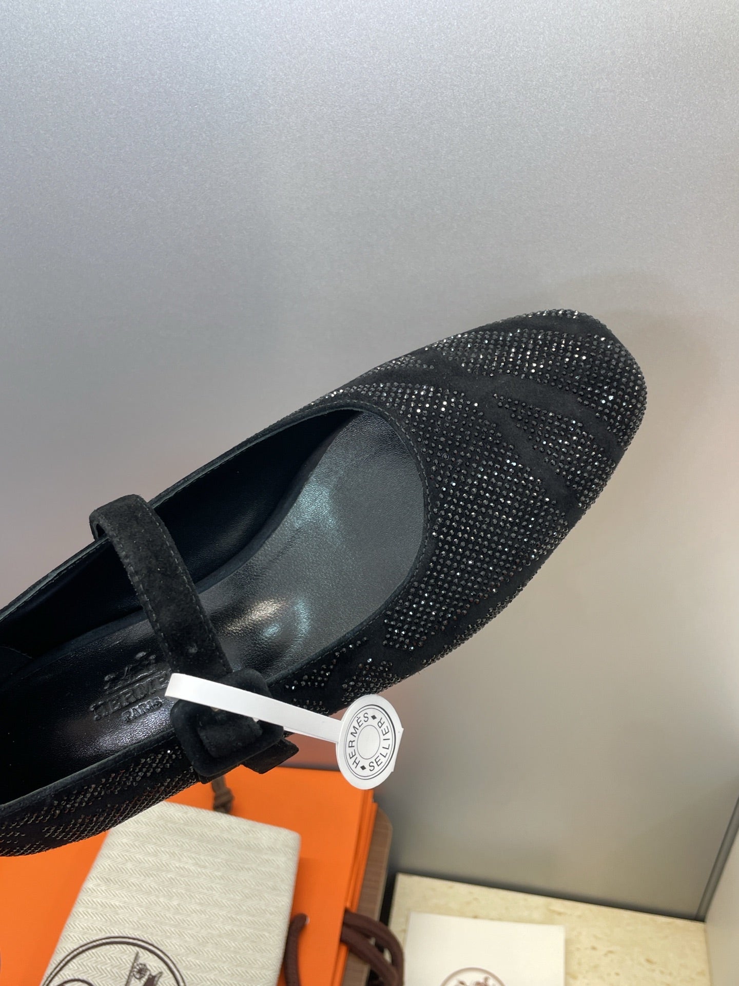 HM Light Ballet Flat with Black Rhinestone Black Lambskin