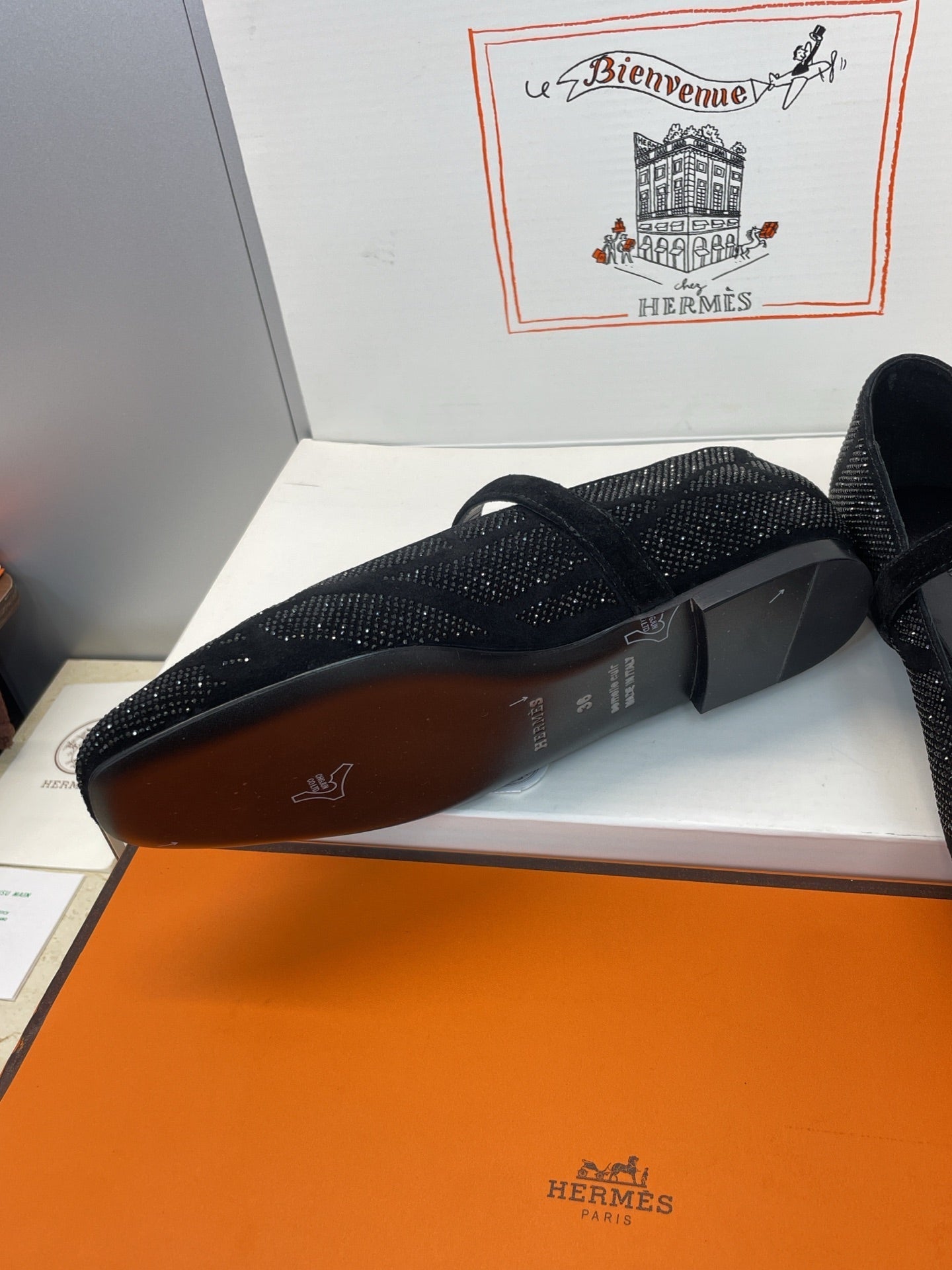 HM Light Ballet Flat with Black Rhinestone Black Lambskin