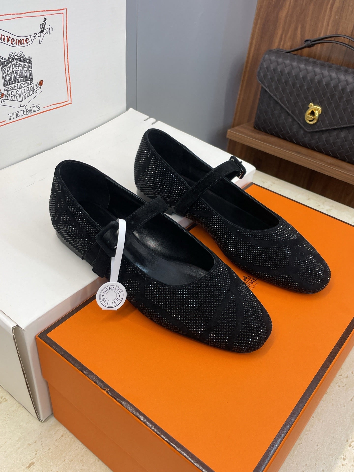 HM Light Ballet Flat with Black Rhinestone Black Lambskin