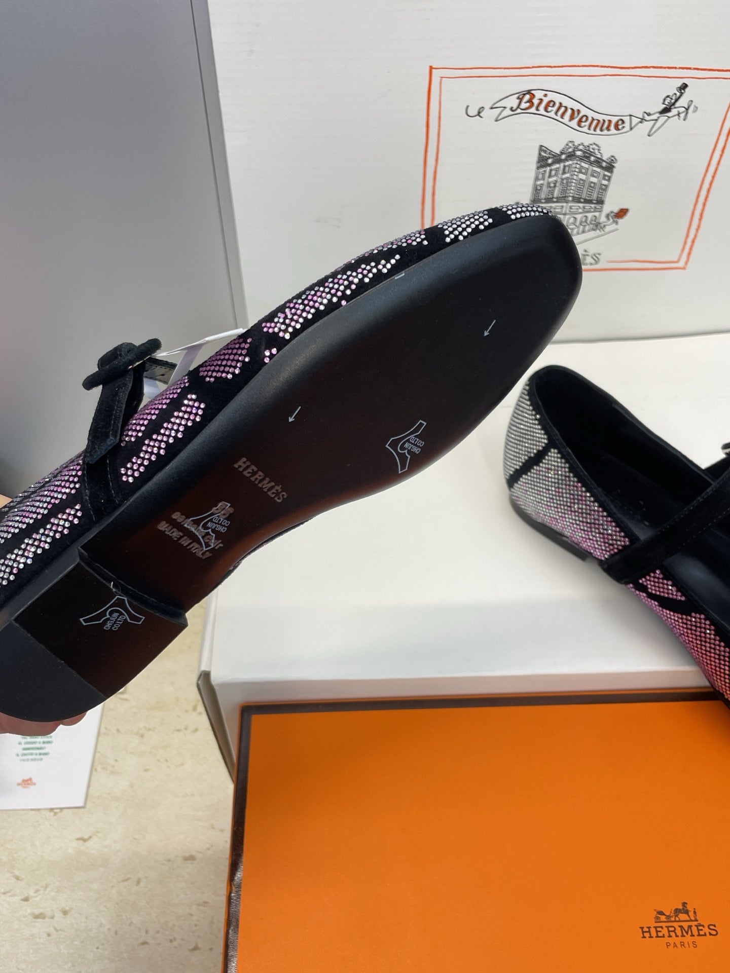 HM Light Ballet Flat with White Rhinestone Black Lambskin