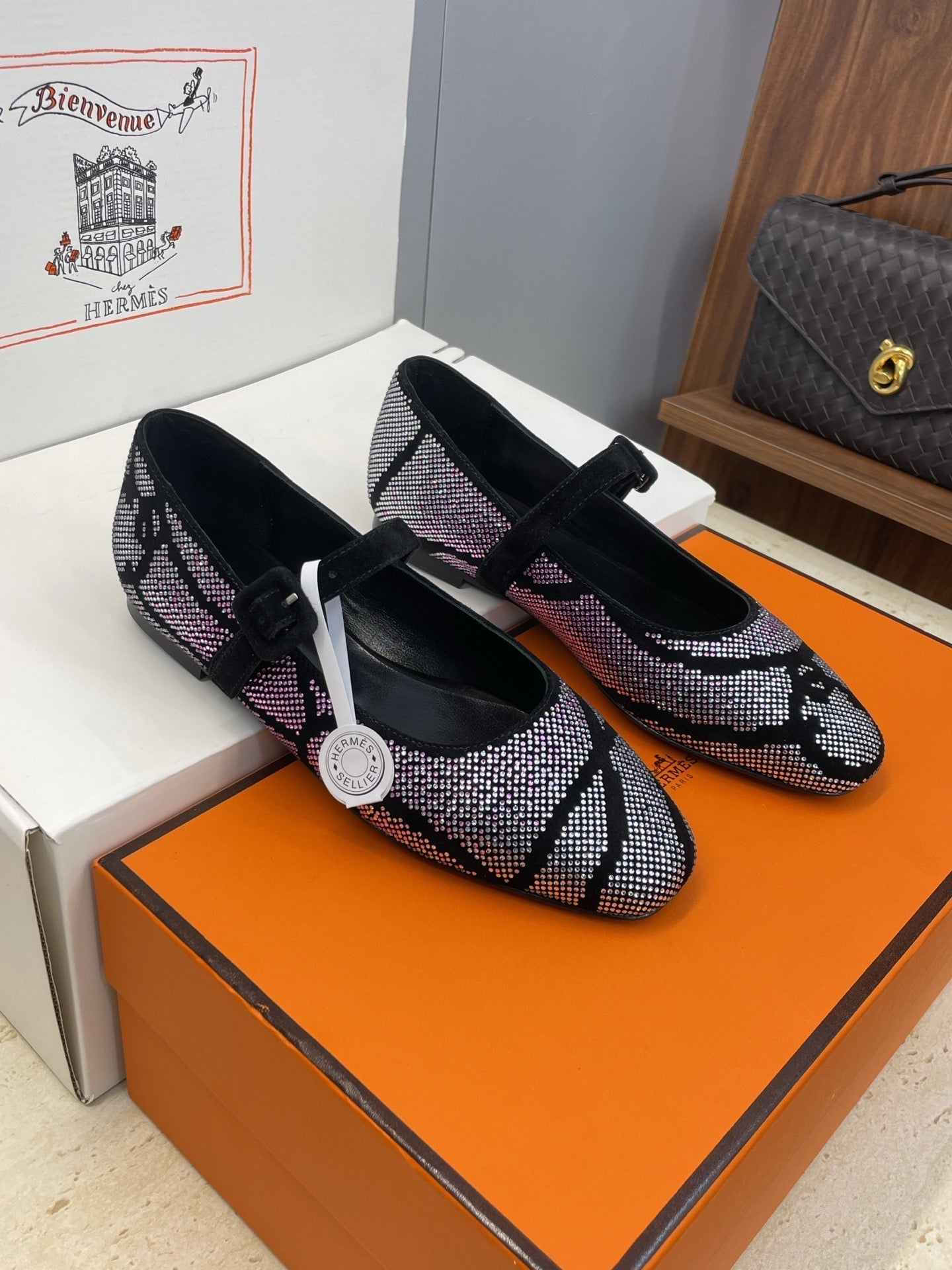 HM Light Ballet Flat with White Rhinestone Black Lambskin