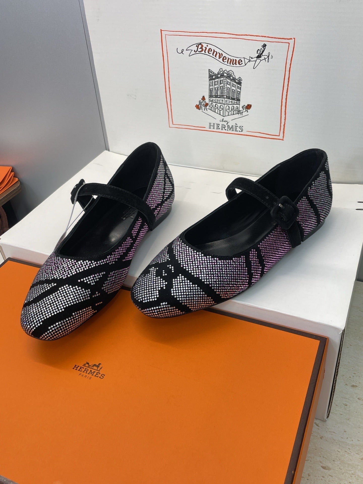 HM Light Ballet Flat with White Rhinestone Black Lambskin