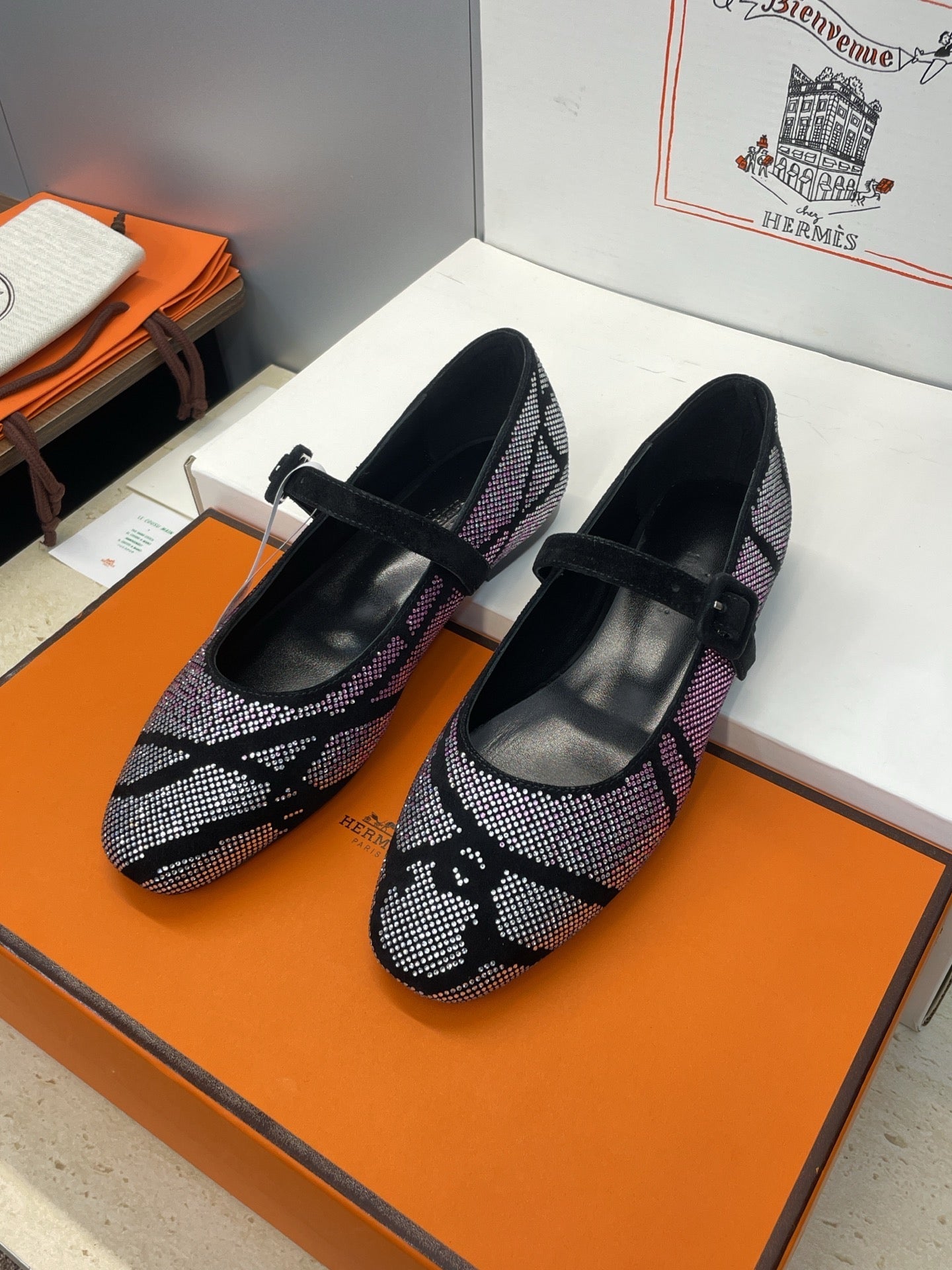 HM Light Ballet Flat with White Rhinestone Black Lambskin