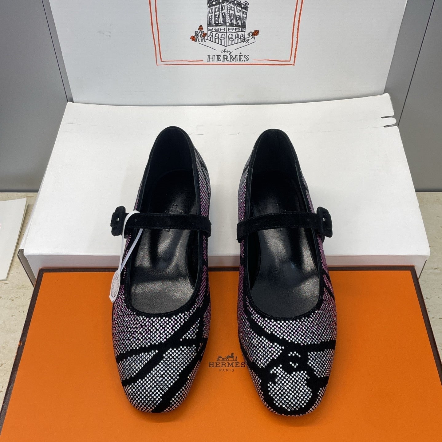 HM Light Ballet Flat with White Rhinestone Black Lambskin