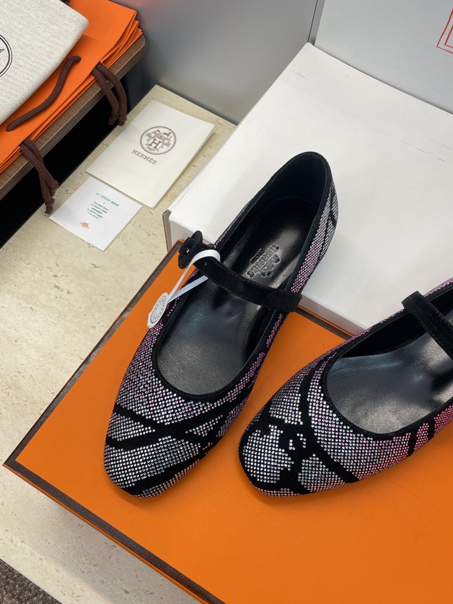 HM Light Ballet Flat with White Rhinestone Black Lambskin