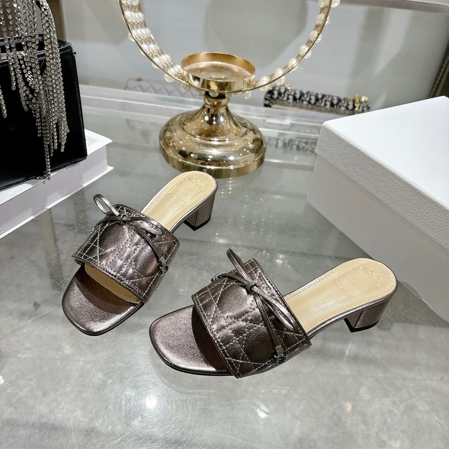 CD 26s Slippers Metallic Brown Beige Calfskin 679866
