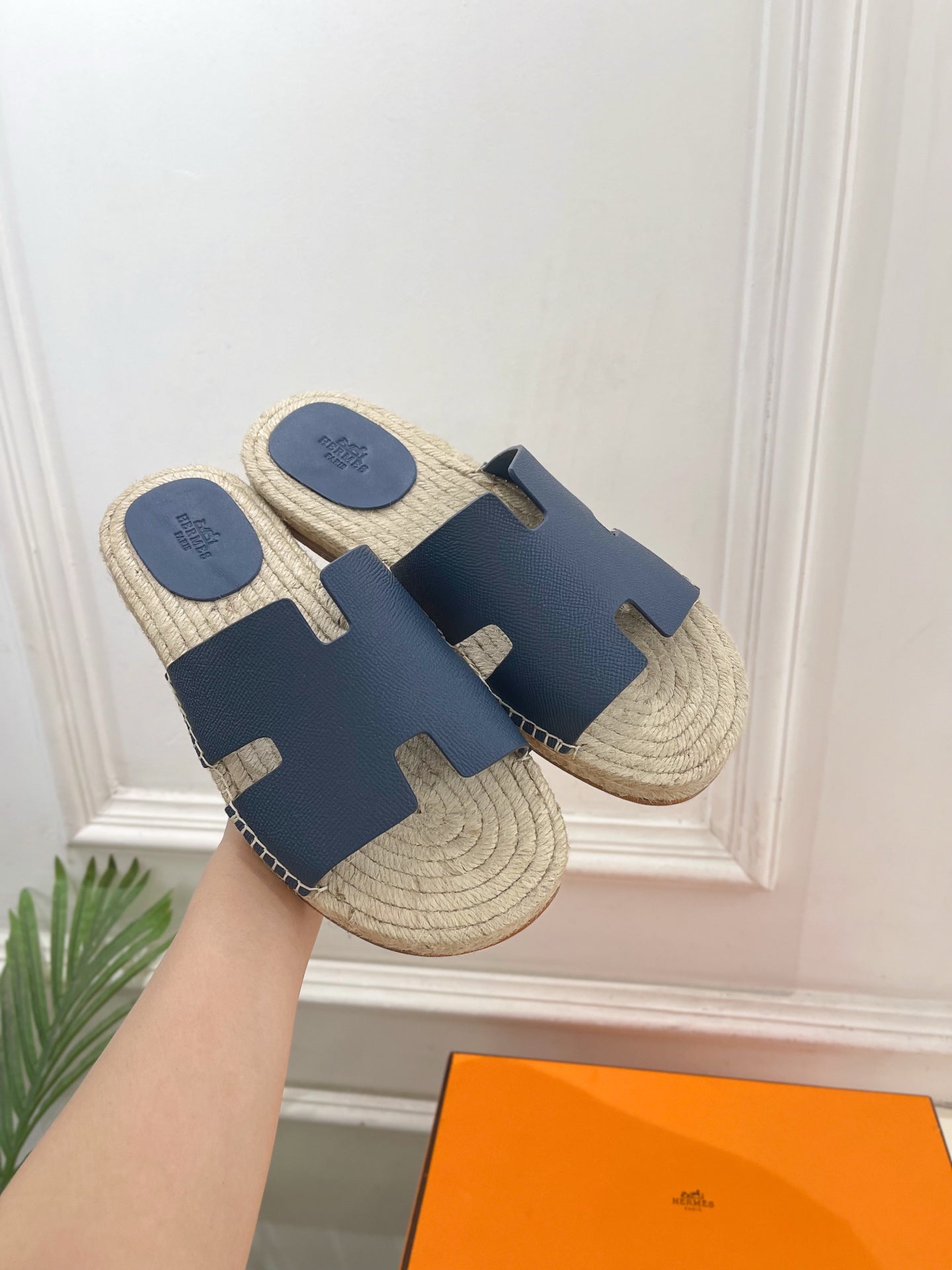 HM Antigua Espadrille Navy Blue Leather Raffia 631949