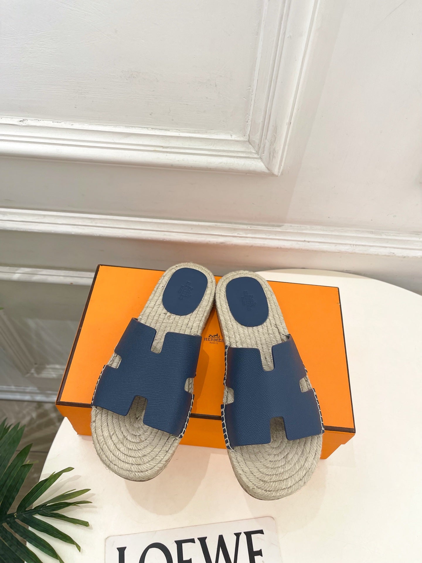 HM Antigua Espadrille Navy Blue Leather Raffia 631949